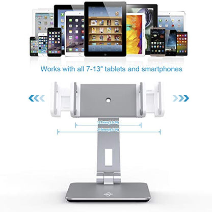 KABCON Tablet Stand Holder, Tightness Adjustable Multi-Angle Foldable Eye-Level Aluminum Solid Tablets Stands Dock for 4''-14''Tablets/Phone, iPad Series,Samsung Galaxy Tabs,Kindle Fire,Etc. - color: Silver