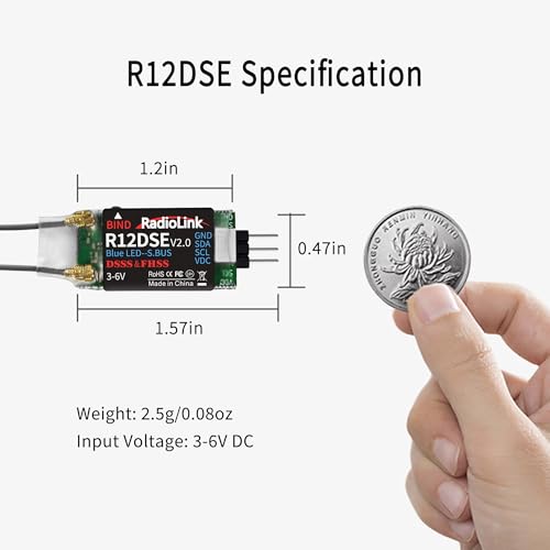 Radiolink R12DSE 2.4Ghz 12 Channels Micro RC Receiver SBUS/PPM Voltage Telemetry Long Range Control for FPV Racing Drone, Quadcopter, Helicopter