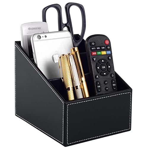 Fashionable PU Leather TV Remote Control Holder with 3 Compartments, Storage Rack, Storage Box, Media Accessory Storage, Desk Organizers (black) - color: black