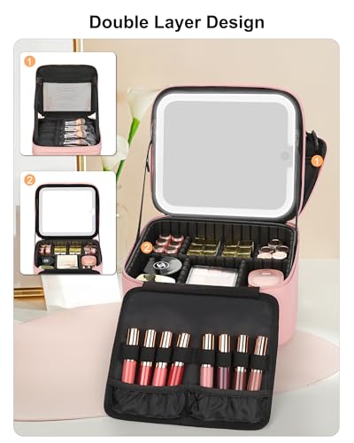 Relavel Makeup Bag with LED Mirror, Small Travel Makeup Case, Pink - color: 01-Pink, size: 1-Small(2 Layers)