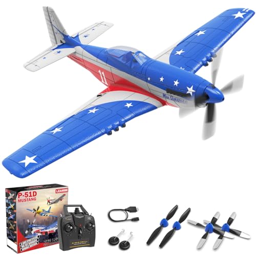 LEAMBE 4 Channel RC Plane, Ready to Fly Aerobatic Aircraft, Easy Control for Beginners, P51 Mustang RC Airplane for Adults Blue-Red - color: Blue, size: Large