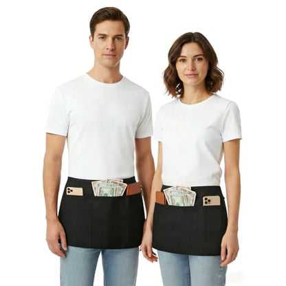 BOHARERS Waist Apron with 3 Pockets - Black Waitress Waiter Server Short Aprons - color: B-2 Pack Black