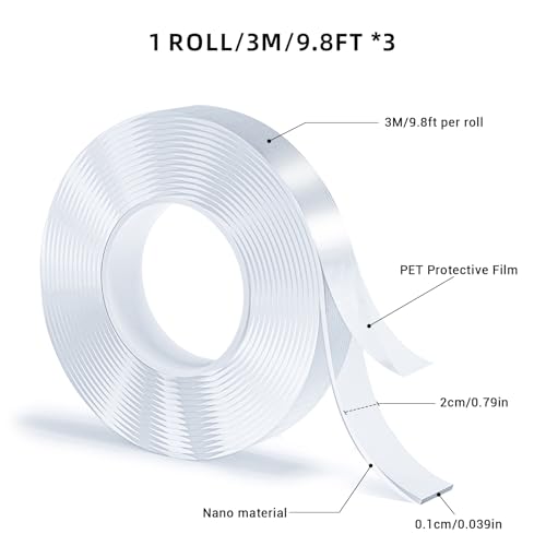 3 Rolls Double Sided Tape, Nano Tape, Transparent Adhesive Tape, Traceless Adhesive Tape, Removable, Washable, Reusable, Suitable for Carpets, Photo Walls, 9.8 Feet Per Roll - size: 9.8 Feet Set of 3