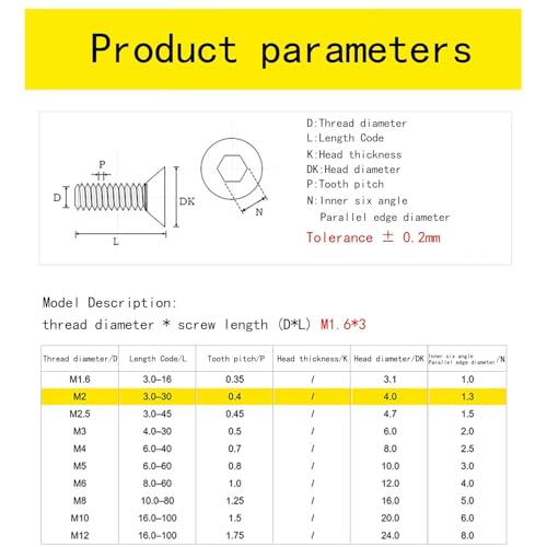M2-0.4 x 4mm Flat Head Socket Cap Screws, 10.9 Grade Alloy Steel,DIN 7991,Allen Socket Drive, Black Oxide Finish, Machine Thread, Countersunk Bolts,Fully Thread Quantity 100 - size: M2-0.4 x 4mm（100 PCS）