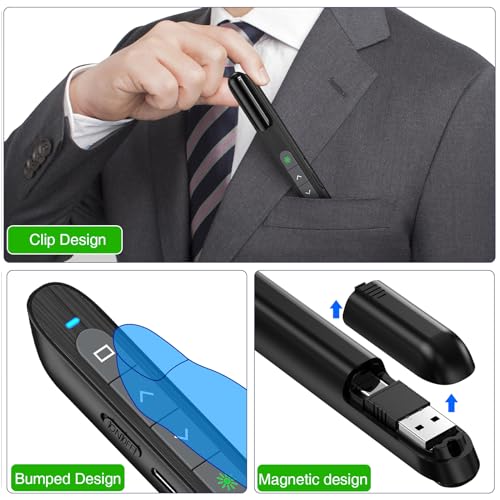 USB C Rechargeable Presentation Clicker with Green Light, Remote Clicker for Presentations Wireless Presenter Slide Changer PPT Advancer with Volume Control for Laptop Computer - color: Green L+Rechargeable