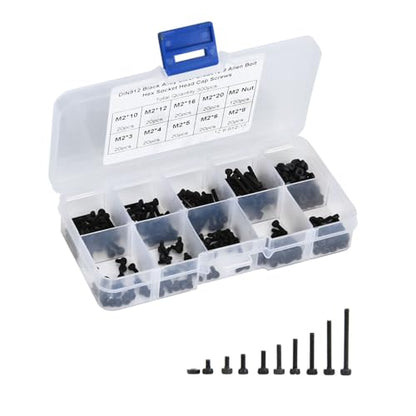 300PCS M2 x 3-20mm 12.9 Grade Black Hex Socket Screw Bolt and Nut Kit Alloy Steel Button Head Socket Bolts
