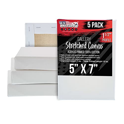 U.S. Art Supply 5"x7" Stretched Canvas for Painting, Gallery Depth 5-Pack - size: 5" x 5"