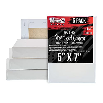 U.S. Art Supply 5"x7" Stretched Canvas for Painting, Gallery Depth 5-Pack - size: 5" x 5"