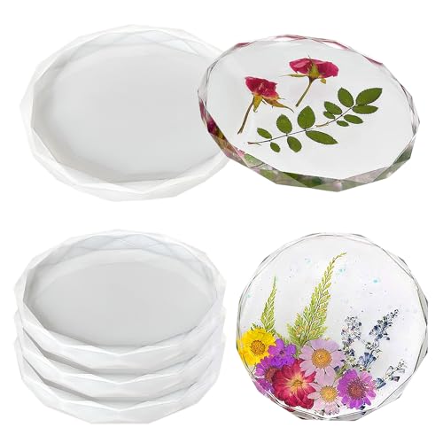 ResinWorld 4 Pack Coaster Molds - Diamond Edge Crystal & Round Geode Silicone Molds for Epoxy Resin Casting