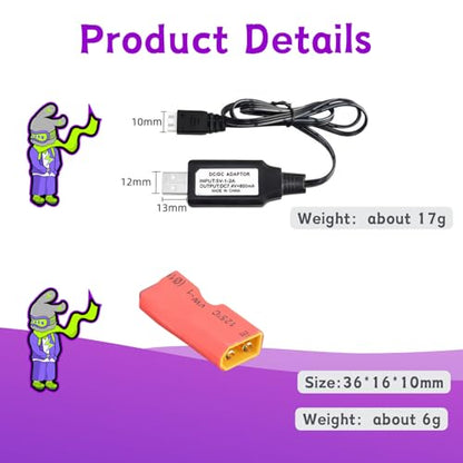 RC Battery Accessory Kit,No Wires XT60 Male (Yellow) Connector Switch to Deans T Female (red) Adapter, for Remote Control Toy Boat FPV Drone Car etc - 1 Pcs with 7.4V USB Charger Cable