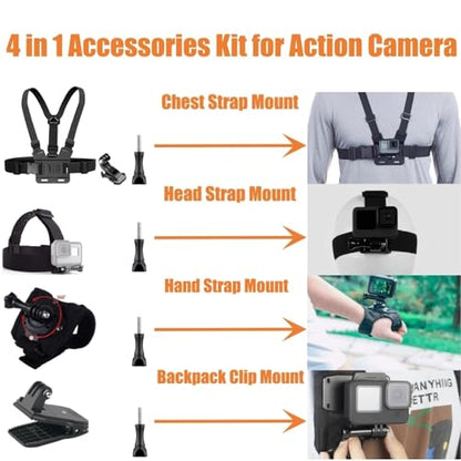 Accessories Kit for Action Camera, Chest Strap Harness + Head Strap Mount + 360° Rotating Hand Strap Mount and Backpack Clip Holder, 4 in 1 Universal Adjustable Sport Camera Accessories Kit