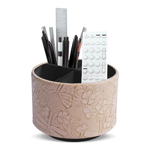 Round Leather Art Supply Organizer,Remote Control Holder,360-degree Rotating Pen Organizer with 4 Compartments(1-Butterfly Brown) - color: 1-3Butterfly Brown