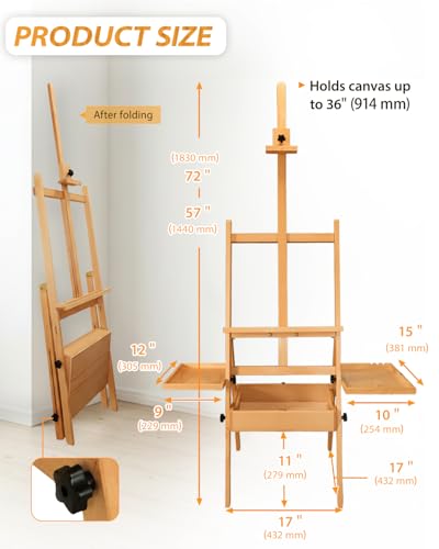 Painting Art Easel with Storage, 57"-72" Height Adjustable Easel Stand - color: Natural Wood