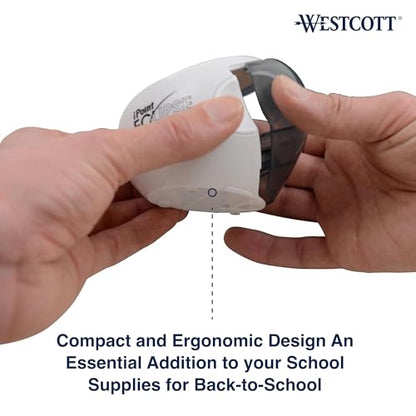 Westcott iPoint Eclipse Battery Pencil Sharpener, Unique Two-Blade Technology, EZ-View Reservoir, Requires 4 AA Batteries, White, for Home, Small Office, Classroom, Back to School, School Supplies