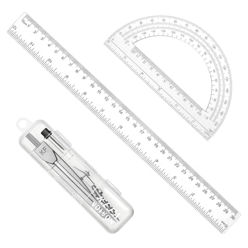 Compass and Protractor Set, 3 PCS Plastic Ruler 12 Inch Clear Ruler for Drawing Transparent Drawing Measuring Rulers Compass Geometry Tool for Math Drafting Art Home Office Drawings