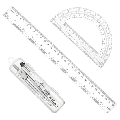 Compass and Protractor Set, 3 PCS Plastic Ruler 12 Inch Clear Ruler for Drawing Transparent Drawing Measuring Rulers Compass Geometry Tool for Math Drafting Art Home Office Drawings