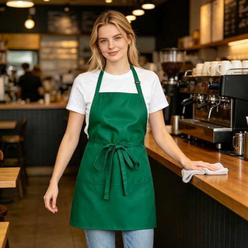 NLUS Kitchen Cooking Apron with 3 Pockets, Adjustable Bib Apron Chef Aprons for Women Men - color: Green