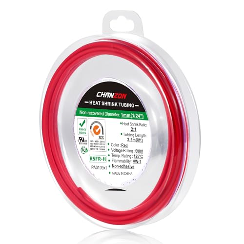 Chanzon 2:1 Ratio 1/24" (1mm) Heat Shrink Tubing 8Ft Roll Red - color: Red, size: 1mm (1/24") - 8FT