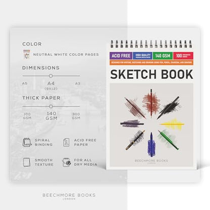 Beechmore Books 9x12 Top Spiral Sketchbook 140 GSM 100 Perforated Pages - size: A4 (9" x 12")