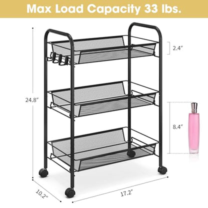 TOOLF 3 Tier Rolling Cart, Metal Utility Storage Cart with Wheels, Black - color: Black, size: 3-Tier
