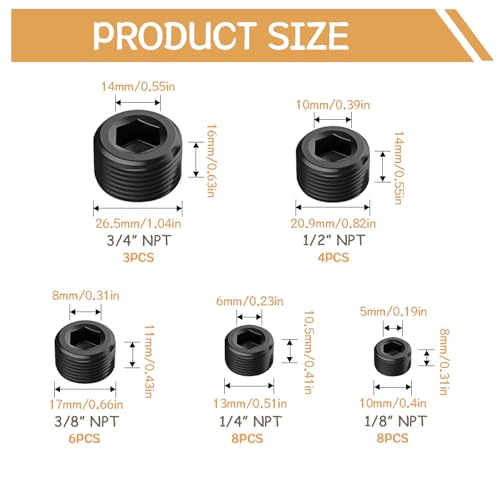 29PCS 5 Size Pipe Plug Fitting Assortment Kit, Black Carbon Steel 1/8" 1/4" 3/8" 1/2" 3/4" NPT Plug DD032-29 - size: 29PCS