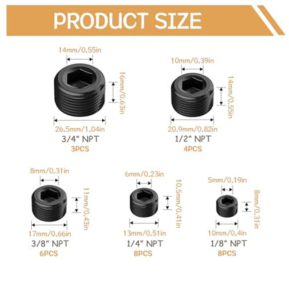29PCS 5 Size Pipe Plug Fitting Assortment Kit, Black Carbon Steel 1/8" 1/4" 3/8" 1/2" 3/4" NPT Plug DD032-29 - size: 29PCS