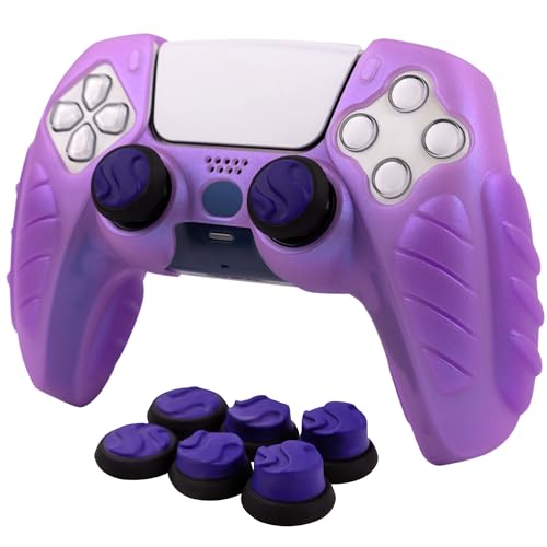 Ergonomic Soft Grip Skin for PS5 Controller, Anti-Slip Silicone Chameleon Controller Cover for PlayStation 5 Controller with 6 Thumb Grips Accessories Set (Crystal Chroma Purple) - color: Crystal Chroma Purple