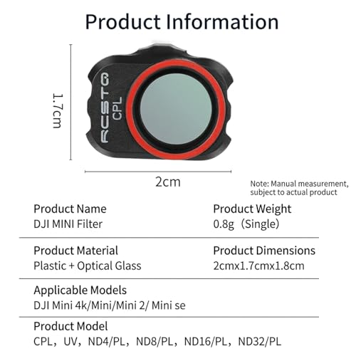 ND Filter Set for DJI Mini 4K /Mini 2/ SE/ 2 SE/Mavic Mini Drone Camera Lens Accessories, 6 Pack (CPL, UV, ND4, ND8, ND16, ND32) with Cleaning Cloth