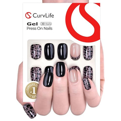 CurvLife Short Square Leopard Print Press On Nails, Black, Soft Gel - color: leopard print