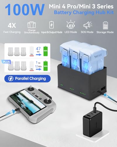 LKTOP 100W Mini 5/4/3 Series Battery Charging Hub Kit, 100W Fast USB-C Power Adapter for DJI Mini 5 Pro/4 Pro/3 Pro/3 Drone Accessories, Storage LED SOS Mode (Parallel Charge 3 Batteries: 47/70 min) - size: For Mini 4/3 Series, style: Hub + 100W Charger (