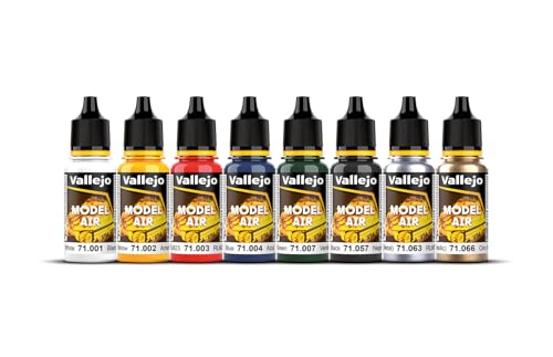 Vallejo - Model Air Basic Colors | Acrylic Paint Set | Pre Thinned Airbrush Ready Formula | 8 Basic Shades | Non-Toxic Water Based Pigments | Professional Grade Finishes - style: Basic Colors