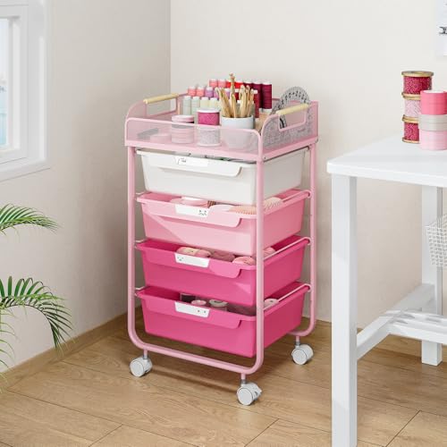 SYKIARIOL 4-Drawer Rolling Storage Cart with Mesh Top, Rose Pink - color: Gradient Pink