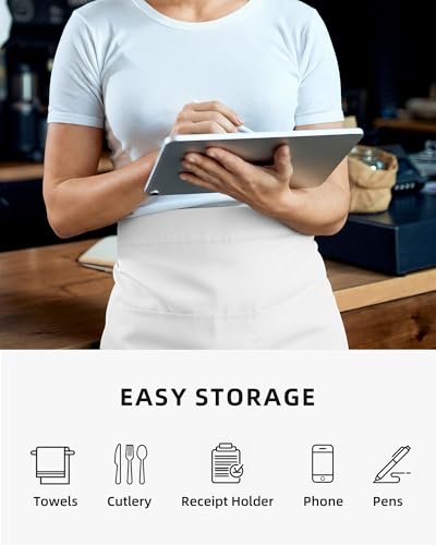 Argstar 2 Pack Server Apron with 4 Pockets, Waitress Waiter Waist WaterDrop Resistant Short Aprons - color: White
