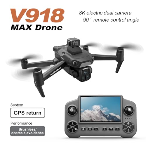 GPS Drone with 8K UHD Camera for Adults, FPV Drone with Big Screen on Controller, 360° Laser Obstacle Avoidance, GPS Auto Return, Circle Fly Headless Mode, Under 249g Lightweight RC Quadcopter V918 MAX Professional Foldable Drone Gift for Beginners Adults