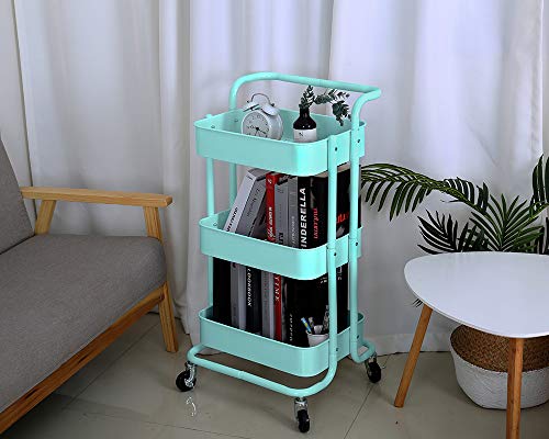 3-Tier Metal Mesh Rolling Cart Storage Organizer with Utility Handle and Wheels, Turquoise - color: A- Turquoise