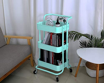 3-Tier Metal Mesh Rolling Cart Storage Organizer with Utility Handle and Wheels, Turquoise - color: A- Turquoise