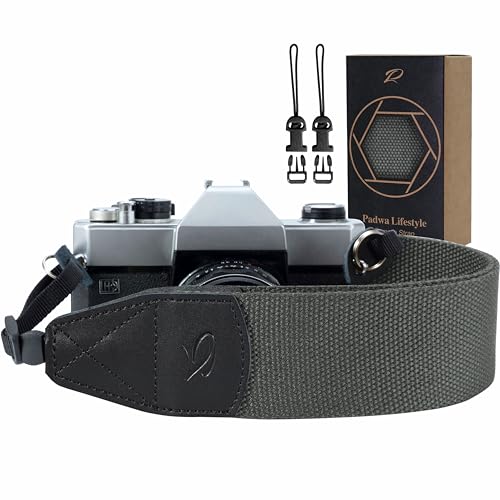 Padwa Lifestyle Grey Camera Strap - 2" Wide Genuine Leather Ends Camera Straps for Photographers, Vintage Cotton Woven Strap with Camera Quick Release Clips fits All Cameras and Binoculars - color: Z# - Dark Grey