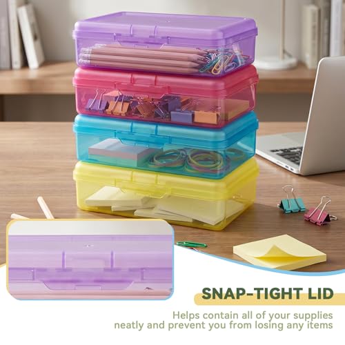 novelinks 5x8 Inch Plastic Pencil Box, Small Clear Storage Bins with Lids - size: 4 Pack