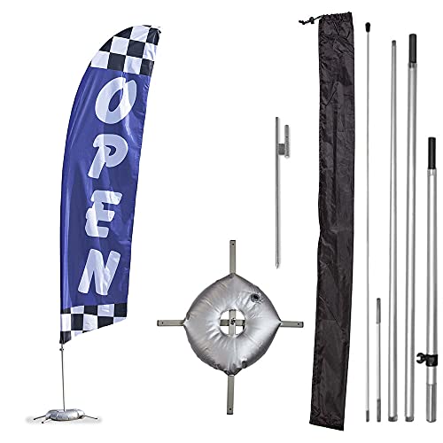 Vispronet Premium Open Feather Flag Kit - Includes 13ft Sectional Aviation Grade Fiberglass Poles, Blue Checkered Open Flag, Cross Base, Weight Bag, Ground Spike and Pole Sleeve Bag - color: Blue, size: Premium/Both Bases