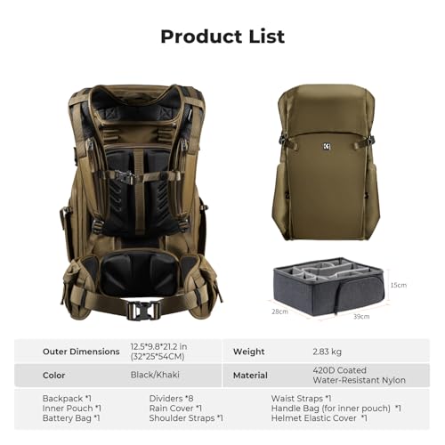 K&F CONCEPT Camera Backpack, 30L Large Capacity Camera Bag - color: Khaki, size: Large