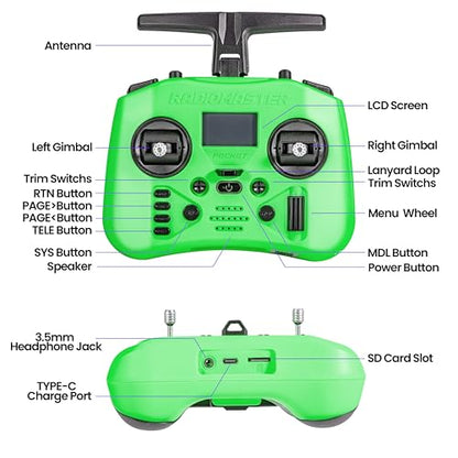 Radiomaster Pocket ELRS Remote Controller Portable Hall Gimbal EdgeTX 2.10.5 Transmitter with LED Light for FPV Drone/RC Helicopter&Car Boats&Multirotor (Battery Not Included) - color: Green