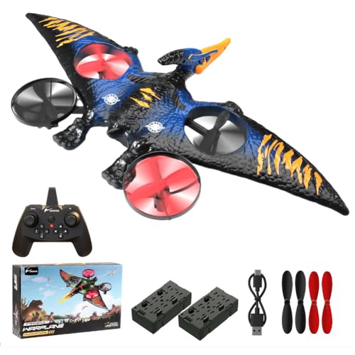 Dinosaur Remote Control Drone, 2.4G EPP Foam RC Pterodactyl Hobby RC Airplanes with 6-Axis Gyro, One Key Takeoff Landing, Stunt Roll & 360 Flip, Fighter Jet Toy Christmas Birthday Gift for Boys Girls - color: Blue