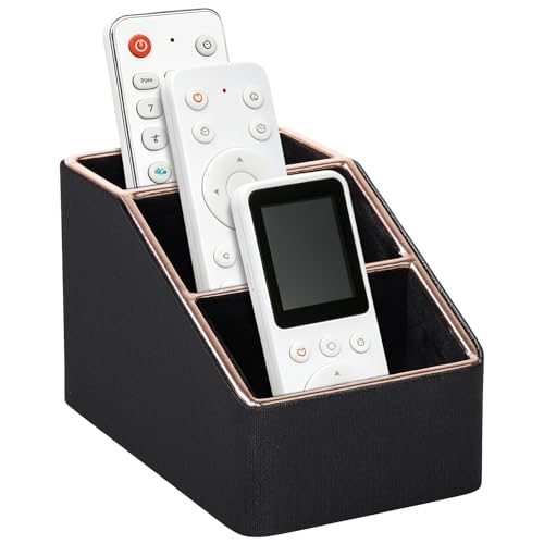 Rose Gold Edge Inlaid Leather Desktop Organizer, Remote Control Holder,Nightstand Remote Caddy, Multi-Functional Storage Box for Cellphone,Pens, Makeup Brushes, Lipsticks & Small Cosmetics (Black) - color: Black