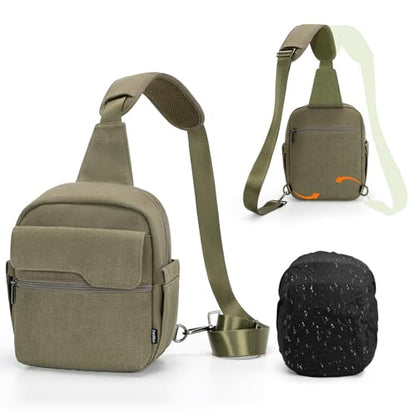 Cwatcun Sling Camera Bag Canvas, Compact Crossbody Case with Rain Cover - color: Green, size: Small