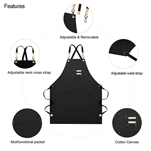 Dulabi Apron, Adjustable Chef Apron for Women and Men with Large Pockets, Cooking Kitchen Apron with Back Straps - color: Black