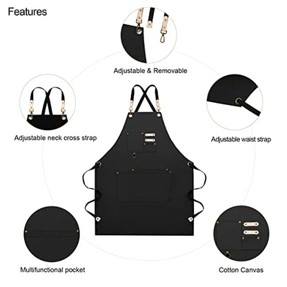 Dulabi Apron, Adjustable Chef Apron for Women and Men with Large Pockets, Cooking Kitchen Apron with Back Straps - color: Black