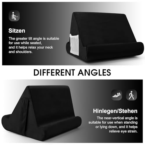 Universal Tablet Cushion Stand - Multi-Angle Lazy Holder with Net Pocket & Phone Stands Options for Lap, Knee, Sofa, Bed (Black) - color: Black