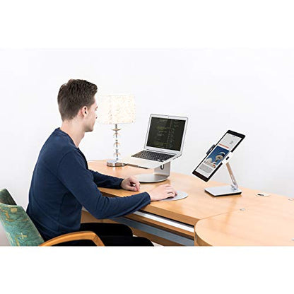 KABCON Tablet Stand Holder, Tightness Adjustable Multi-Angle Foldable Eye-Level Aluminum Solid Tablets Stands Dock for 4''-14''Tablets/Phone, iPad Series,Samsung Galaxy Tabs,Kindle Fire,Etc. - color: Silver
