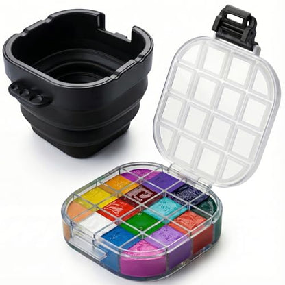 16-Well Airtight Empty Palette Box with Lid & Foldable Water Cup, Black - color: Black