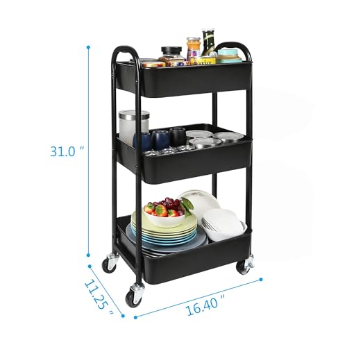 3-Tier Rolling Utility Cart with Caster Wheels Easy Assembly, Black - color: Black, size: 3-Tier Standard Cart